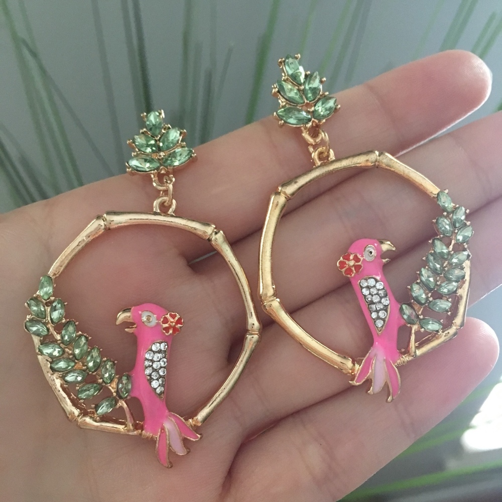Bamboo Parrot Rhinestone Leaflet Hexagon Earrings - Picture 2 of 8